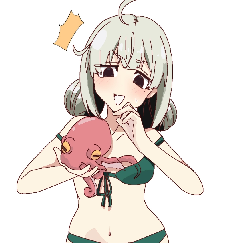 1girl, animal, araga_kiwi, bikini, black_eyes, blush, breasts, confused, double_bun, embarrassed, female_focus, green_bikini, green_hair, hair_bun, hands_up, looking_at_animal, looking_down, mahou_shoujo_ni_akogarete, medium_breasts, medium_hair, mole, mole_under_eye, octopus, one_(pixiv92832278), open_mouth, simple_background, solo, swimsuit, upper_body, white_background
