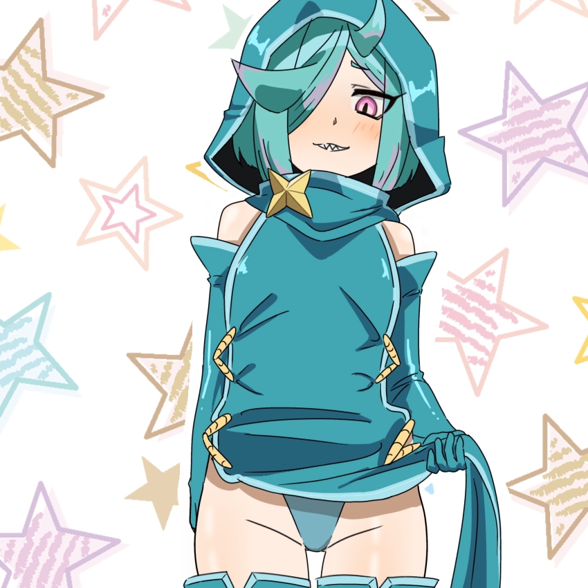 1girl, anemo_nemo, aqua_hair, arms_at_sides, bare_shoulders, blue_boots, blue_dress, blue_gloves