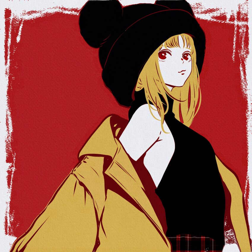 1girl, absurdres, animal_ear_headwear, animal_ears, backless_shirt, beanie, black_hat, black_shirt