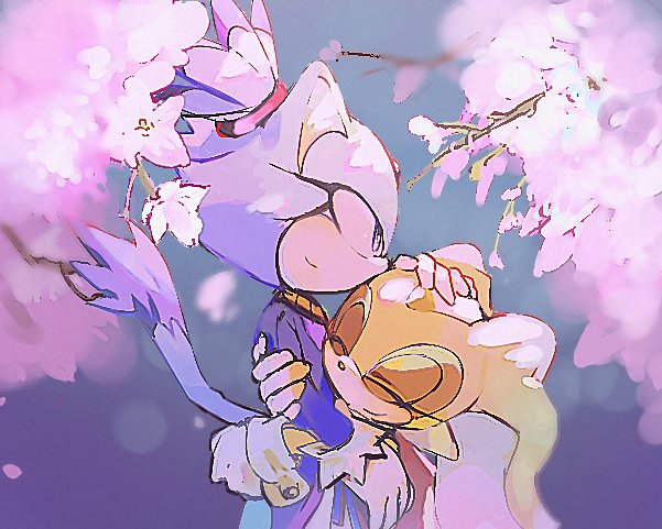 age_difference, animal_ears, blaze_the_cat, blurry, cat_ears, cat_girl, cat_tail, cherry_blossoms, closed_eyes, closed_mouth, conniebgbgbg, cream_the_rabbit, dappled_sunlight, depth_of_field, dress, eyelashes, falling_petals, furry, furry_female, gloves, hand_on_another's_head, happy, height_difference, hug, leaning_on_person, light_smile, long_sleeves, outdoors, petals, pink_petals, purple_background, rabbit_ears, rabbit_girl, shade, sonic_(series), standing, sunlight, tail, tree, tree_shade, upper_body, white_gloves, yellow_eyes