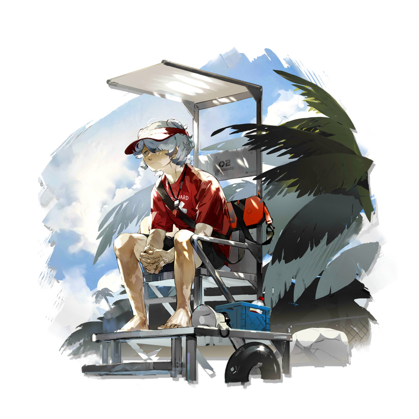 1boy, a_gui, animal_ears, arknights, bag, barefoot, bear_boy, bear_ears