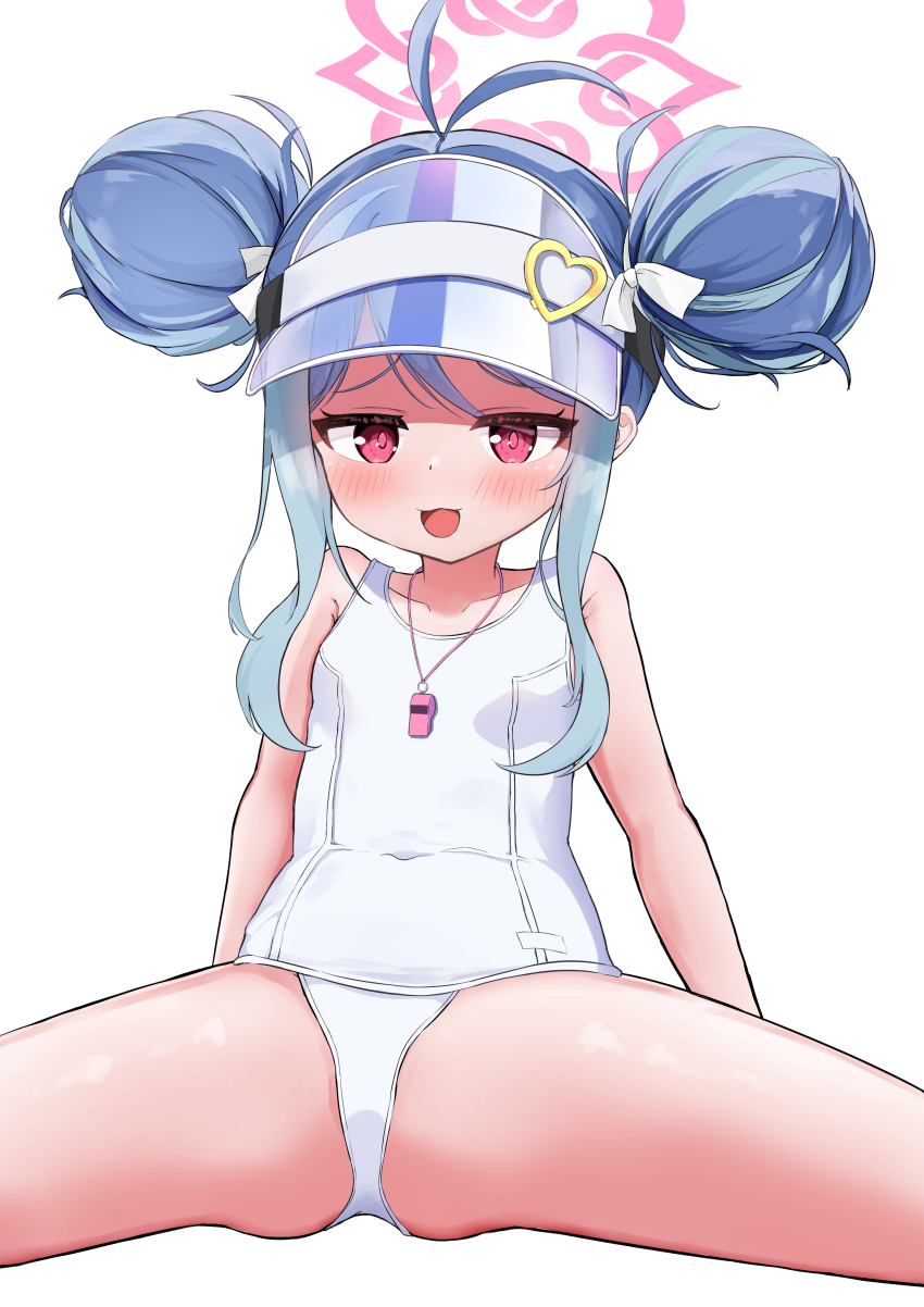 1girl, :d, absurdres, alternate_hairstyle, antenna_hair, bare_arms, bare_shoulders, blue_archive, blue_hair, blush, collarbone, fubuki_(blue_archive), fubuki_(swimsuit)_(blue_archive), hair_ornament, heart, highres, loli, looking_at_viewer, one-piece_swimsuit, open_mouth, panties, red_eyes, sidelocks, sitting, smile, solo, spread_legs, swimsuit, twintails, underwear, visor_cap, white_background, white_panties, yuzumitu_zatou