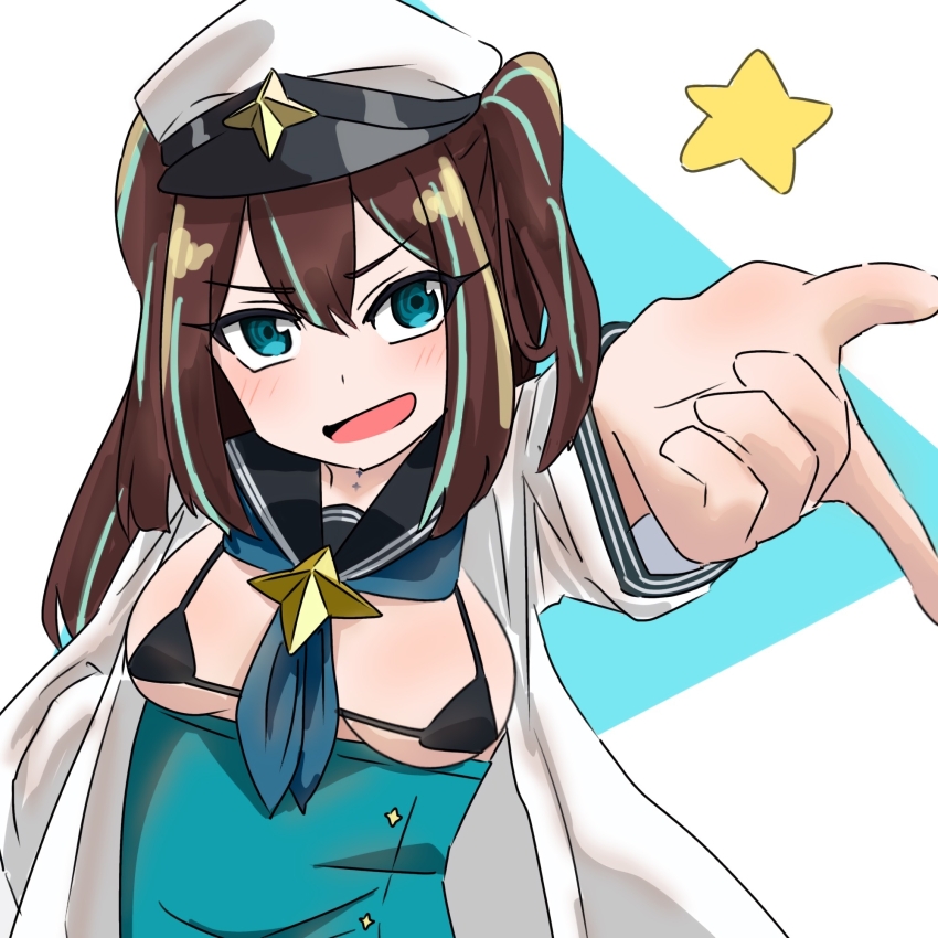 1girl, akoya_matama, aqua_eyes, aqua_hair, arm_at_side, bikini, black_bikini, black_hat