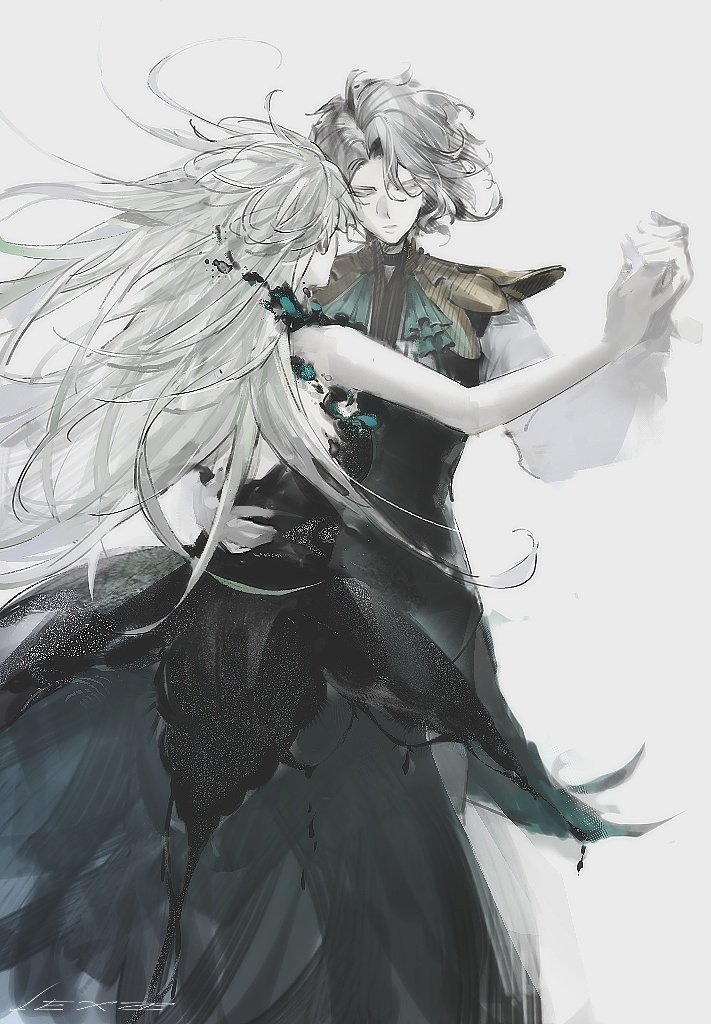 1boy, 1girl, black_dress, capelet, closed_eyes, dancing, dress, feet_out_of_frame, frills, hameln_(morimens), hand_on_another's_back, hashtag-only_commentary, holding_hands, layered_dress, liz_(morimens), long_hair, morimens, muted_color, parted_lips, senelisee, short_hair, white_hair