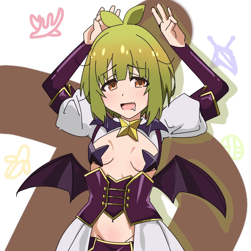1girl, arms_up, bashame_meme, bat_wings, blush, breasts, brown_background, cape