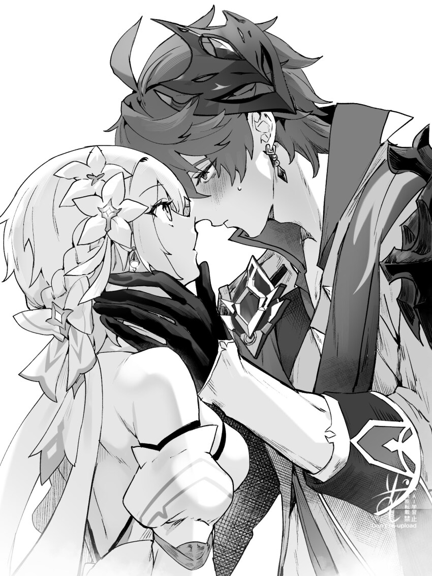 1boy, 1girl, backless_dress, backless_outfit, bare_shoulders, black_gloves, blush, breasts