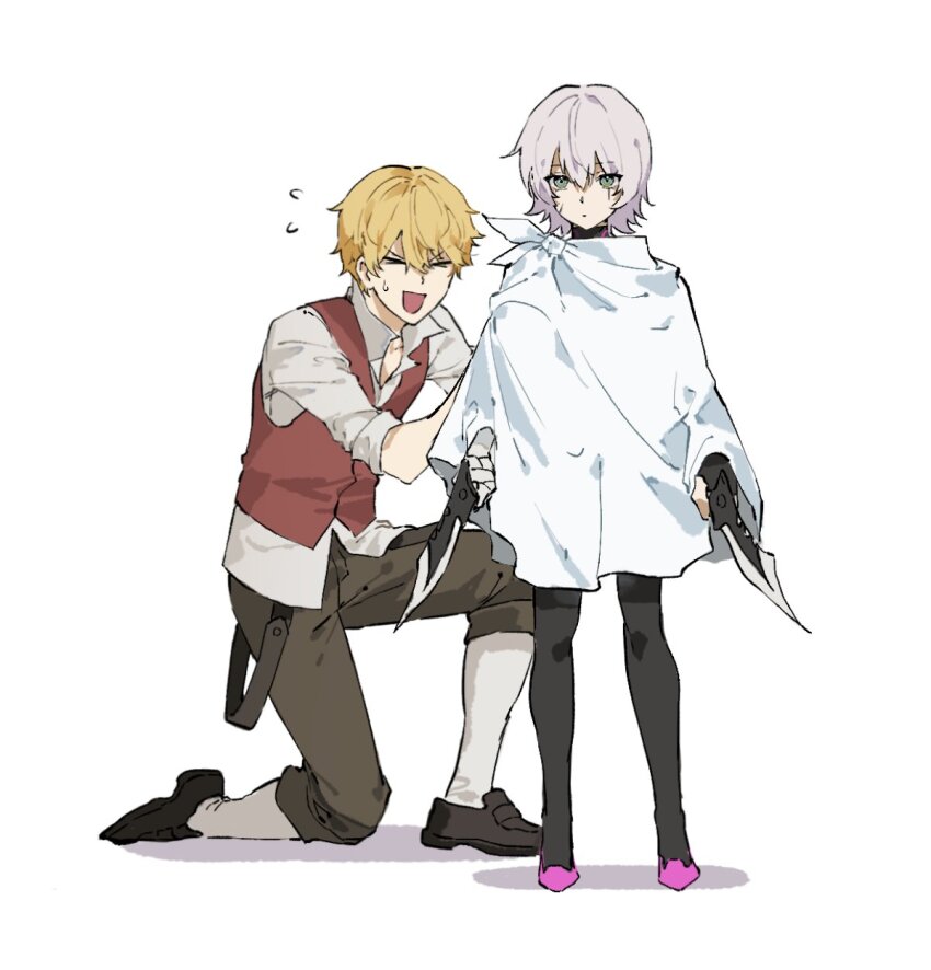 >_<, 1boy, 1girl, black_pantyhose, brown_pants, brown_shoes, commentary_request, dual_wielding