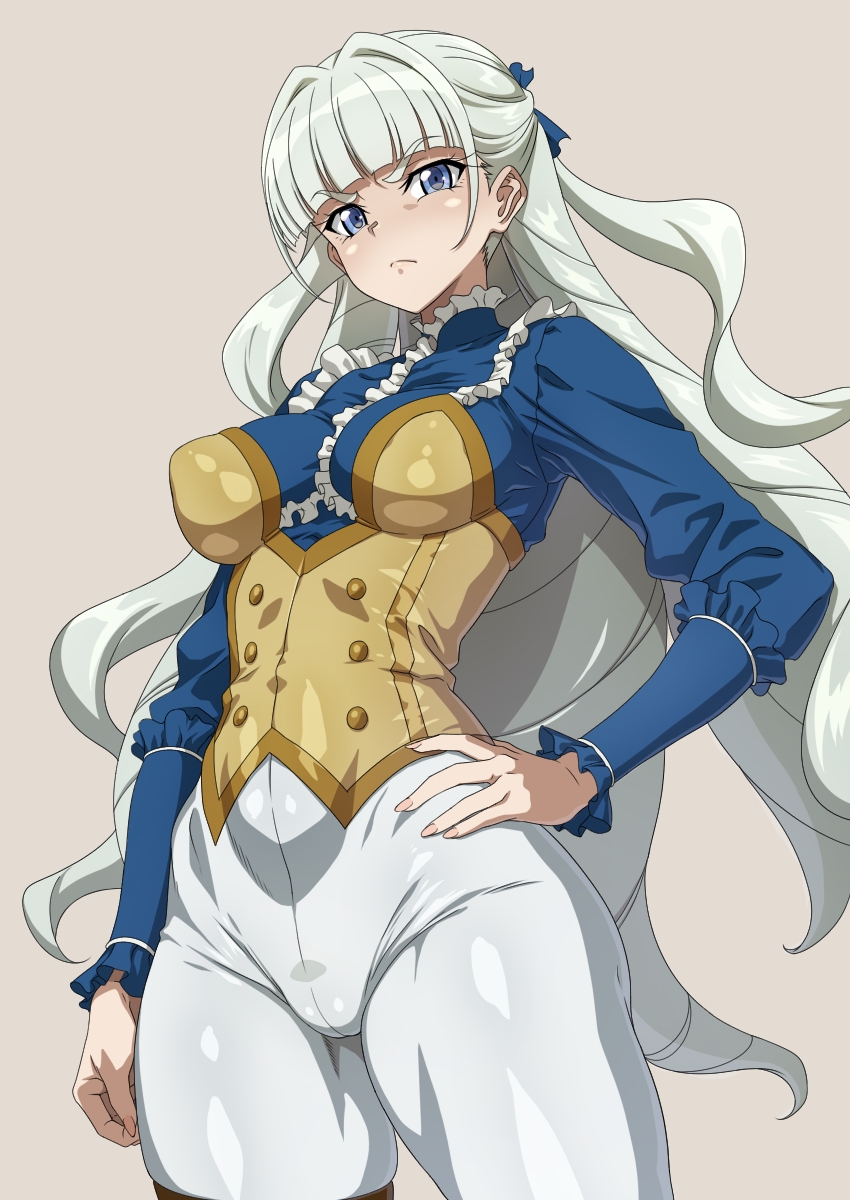 1girl, blue_eyes, blush, breasts, closed_mouth, commentary_request, drill_hair, green_hair