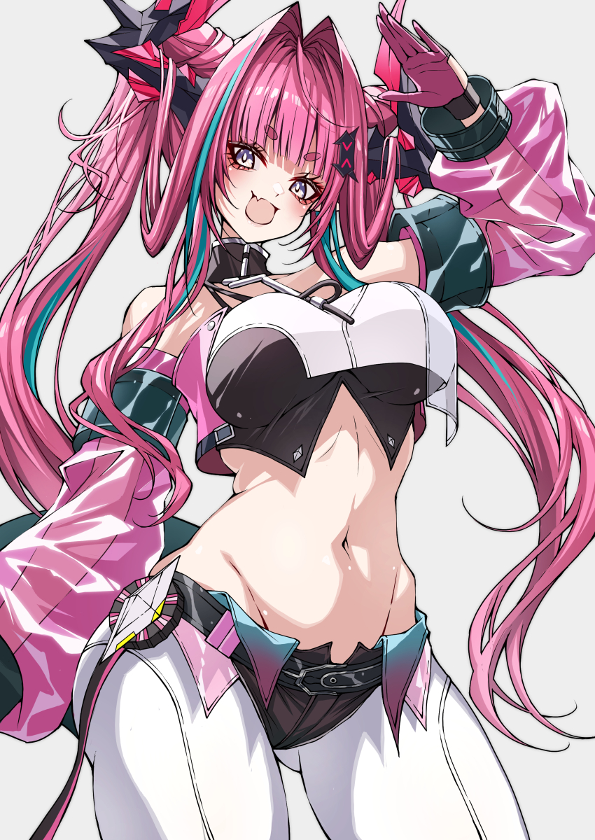 1girl, absurdres, arknights, arknights:_endfield, blue_hair, breasts, commentary, commentary_request, cowboy_shot, crop_top, fang, gloves, groin, highres, horns, large_breasts, long_hair, looking_at_viewer, multicolored_hair, navel, open_mouth, pink_gloves, pink_hair, purple_eyes, shokikanes, simple_background, skin_fang, solo, standing, stomach, untranslatable_commentary, thighs, two-tone_hair, very_long_hair, white_background, yvonne_(arknights)