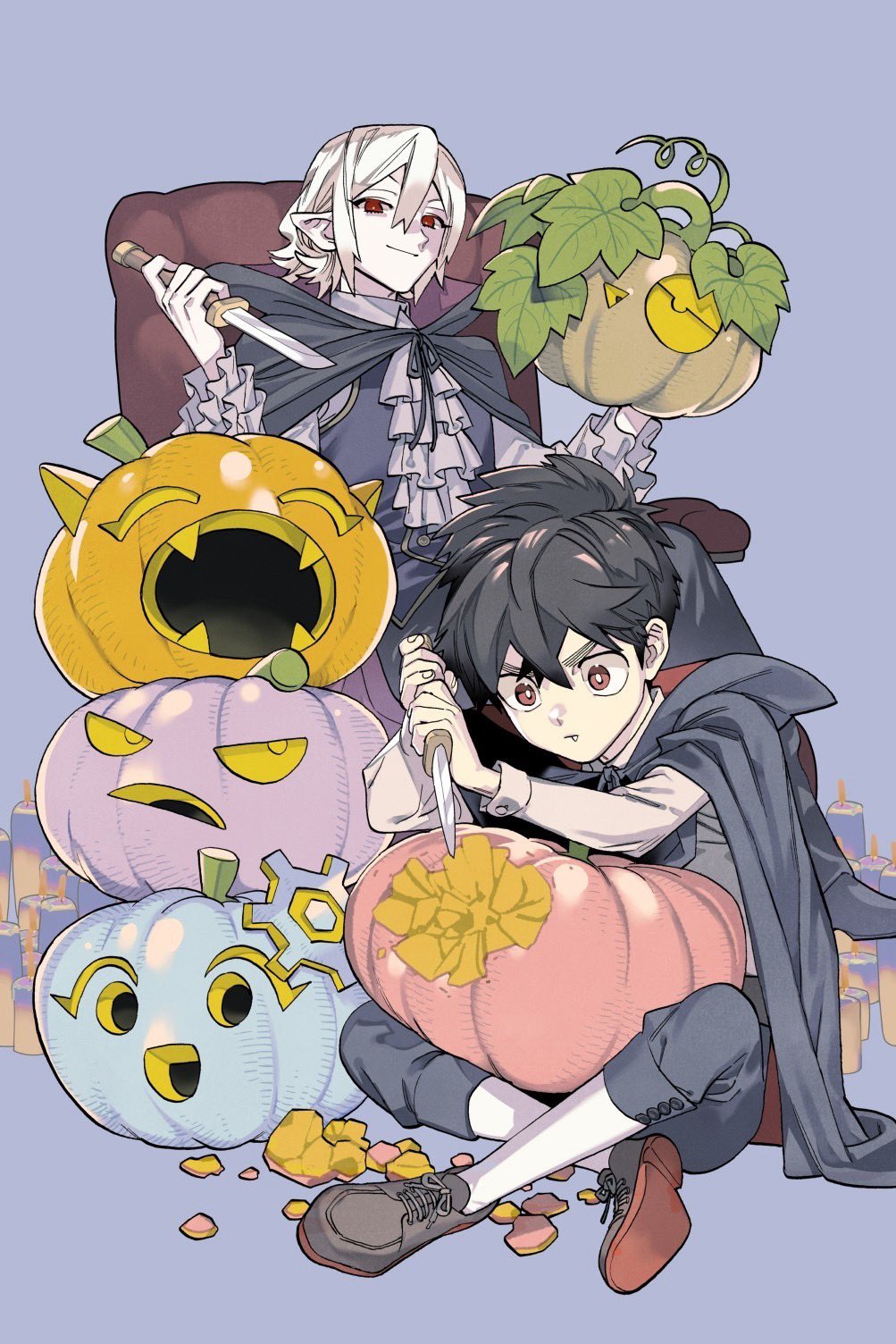 2boys, aimoto_shou_(artist), black_hair, candle, cloak, closed_mouth, commentary, commentary_request