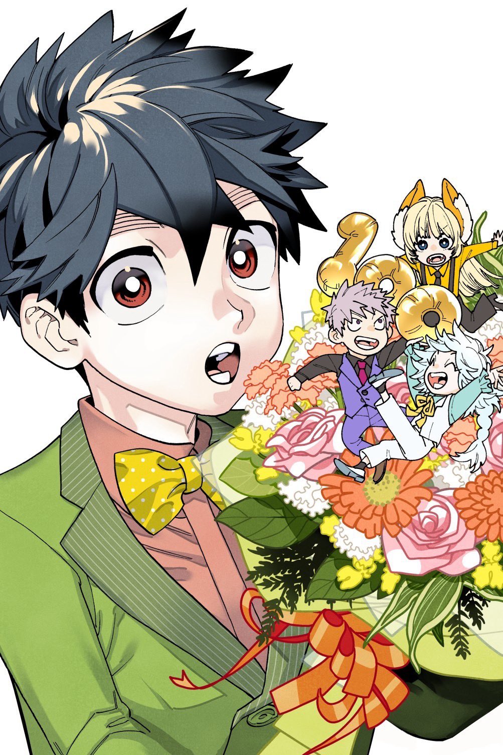 1girl, 3boys, aimoto_shou_(artist), black_hair, bouquet, bow, bowtie, commentary