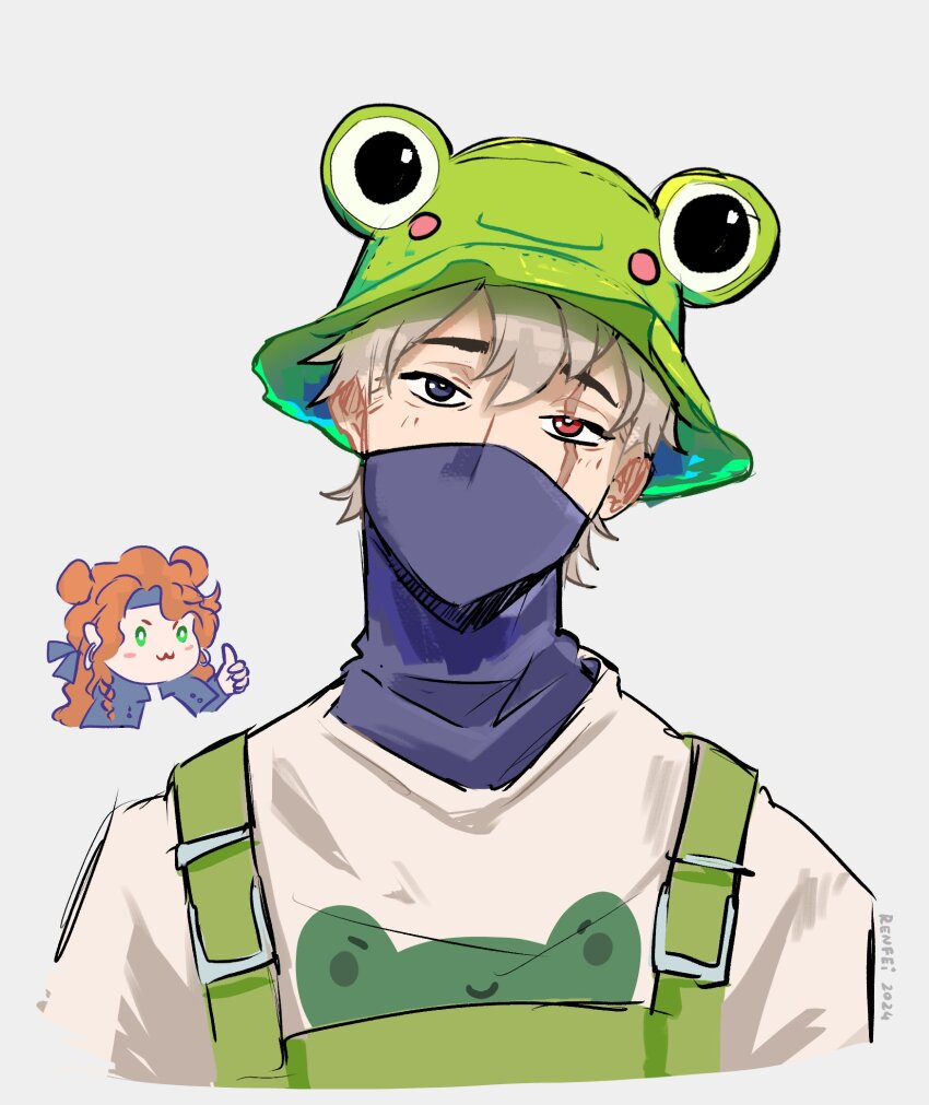 1boy, 1girl, :3, alternate_costume, animal_print, animification, artist_name, blue_headband, blue_jacket, blush, chibi, commentary, cropped_shoulders, dated, double_bun, english_commentary, ethoslab, flipped_hair, frog_hat, frog_print, geminitay, geminitay_(fisherman), green_eyes, green_hat, green_overalls, grey_eyes, hair_between_eyes, hair_bun, hat, headband, hermitcraft, heterochromia, highres, jacket, long_hair, looking_at_viewer, male_focus, mask, minecraft_youtube, mouth_mask, official_alternate_costume, open_clothes, open_jacket, orange_hair, overalls, red_eyes, renfei, scar, scar_across_eye, scar_on_face, shirt, short_hair, simple_background, solo_focus, thumbs_up, white_background, white_hair, white_shirt