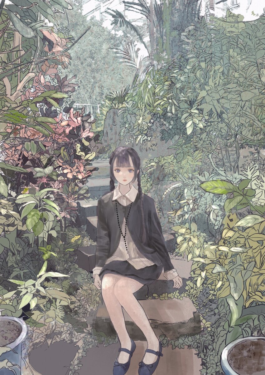 1girl, black_hair, black_jacket, black_shoes, black_skirt, blue_eyes, braid, braided_twintails