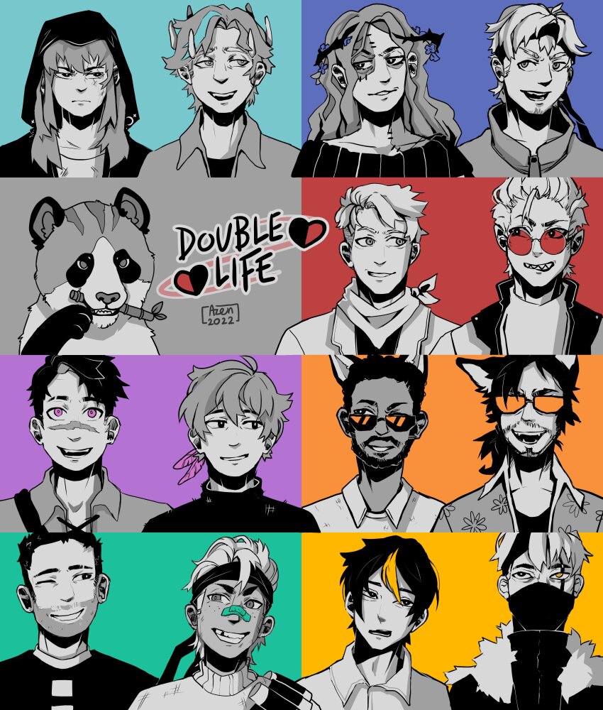 2girls, 6+boys, absolutely_everyone, absurdres, alternate_form, animal, animal_ears, animification, artist_name, bamboo, bandaid, bandaid_on_face, bandaid_on_nose, bdoubleo100, bdoubleo100_(boomer), bear, beard, bigbst4tz2, commentary, copyright_logo, copyright_name, crown_of_thorns, dark-skinned_male, dark_skin, dated, double_life_smp, english_commentary, ethoslab, everyone, extra_ears, facial_hair, feather_hair_ornament, feathers, goodtimeswithscar, greyscale_with_colored_background, grian_(youtuber), grin, hair_ornament, hawaiian_shirt, headband, highres, hood, hood_up, impulsesv, inthelittlewood, jellie_(hermitcraft), logo, long_hair, mask, medium_hair, minecraft_youtube, missing_tooth, mouth_mask, multicolored_hair, multiple_boys, multiple_girls, neckerchief, official_alternate_costume, one_eye_closed, open_mouth, panda, pearlescentmoon, ponytail, rendog, renfei, round_eyewear, scar, scar_across_eye, scar_on_face, shirt, short_hair, smajor1995, smallishbeans, smile, solidaritygaming, spot_color, stitched_face, stitches, streaked_hair, sunglasses, sweater, tangotek, traffic_life_series, wolf_boy, wolf_ears, yogscast, zombiecleo