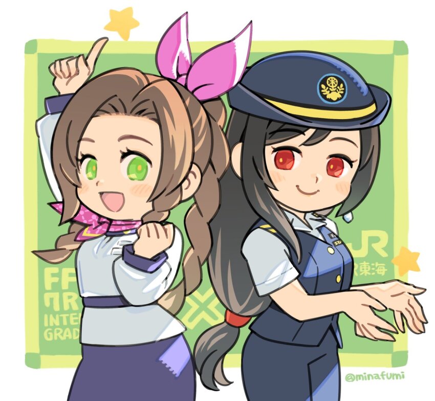 2girls, aerith_gainsborough, arm_up, black_hair, blue_eyes, blue_hat, blue_pants, blue_skirt, blue_vest, blush, braid, braided_ponytail, brown_hair, central_japan_railway_company, closed_mouth, commentary_request, cowboy_shot, earrings, final_fantasy, final_fantasy_vii, final_fantasy_vii_remake, green_eyes, hair_ribbon, hat, index_finger_raised, japan_railways, jewelry, long_hair, long_sleeves, looking_at_viewer, low-tied_long_hair, minagawa_fumio, multiple_girls, official_alternate_costume, open_mouth, pants, parted_bangs, pink_ribbon, red_eyes, ribbon, shirt, short_sleeves, skirt, smile, star_(symbol), swept_bangs, tifa_lockhart, twitter_username, vest, white_shirt, wing_collar