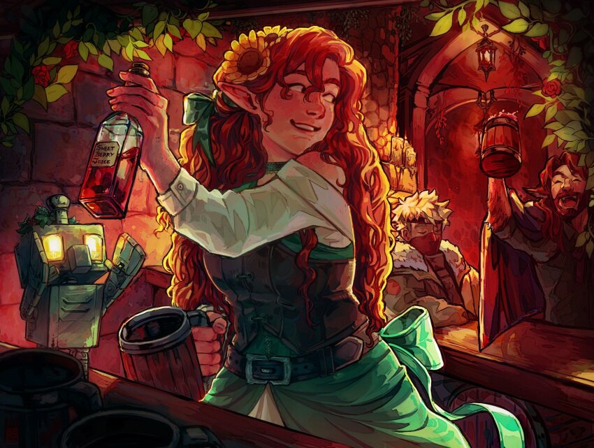 1girl, 1other, 2boys, :d, ^_^, animal_ears, applestruda, arm_up, bar_(place), bare_shoulders, beard, belt, bottle, bow, breasts, brown_belt, brown_hair, brown_vest, cape, closed_eyes, commentary, copper_golem_(minecraft), cup, curly_hair, dog_boy, dog_ears, dress, english_commentary, ethoslab, facial_hair, flower, fur-trimmed_jacket, fur_trim, geminitay, geminitay_(innkeeper), green_bow, green_dress, green_jacket, green_ribbon, grin, hair_flower, hair_ornament, hair_ribbon, headband, hermitcraft, highres, holding, holding_bottle, holding_cup, humanoid_robot, in-universe_location, indoors, jacket, leaf, long_hair, long_sleeves, looking_at_another, looking_back, mask, medium_breasts, minecraft, minecraft_youtube, mouth_mask, mug, multiple_boys, official_alternate_costume, open_clothes, open_jacket, open_mouth, orange_hair, painterly, plant, pointy_ears, red_cape, red_flower, rendog, ribbon, robot, shirt, short_hair, smile, sunflower, sunflower_hair_ornament, tavern, toasting_(gesture), very_long_hair, vest, white_hair, white_shirt