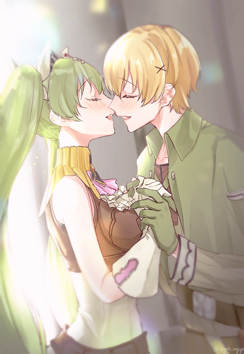 1boy, 1girl, blonde_hair, commentary_request, couple, frey_(rune_factory), gloves, green_gloves