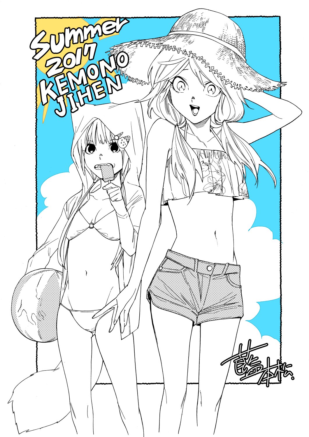 1boy, 1girl, aimoto_shou_(artist), androgynous, ball, beachball, bikini, border, commentary, commentary_request, copyright_name, crop_top, food, food_in_mouth, fox_tail, greyscale_with_colored_background, hat, highres, holding, holding_food, holding_popsicle, hood, hooded_jacket, iwakiyamayukisatoshironanogojuurokushi_akira, jacket, kemono_jihen, kon_(kemono_jihen), long_hair, monochrome, navel, open_mouth, outside_border, popsicle, popsicle_in_mouth, shorts, swimsuit, tail, teeth, twintails