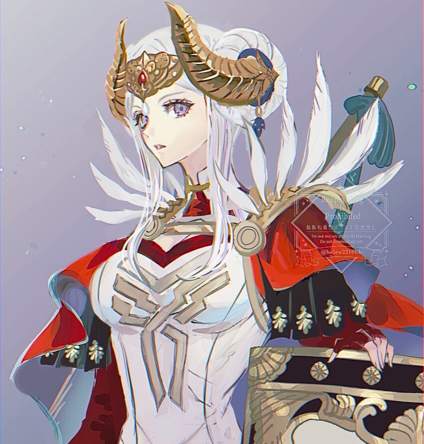 1girl, breasts, commentary_request, edelgard_von_hresvelg, edelgard_von_hresvelg_(adrestian_emperor)_(resplendent), edelgard_von_hresvelg_(timeskip), fake_horns, feather_trim