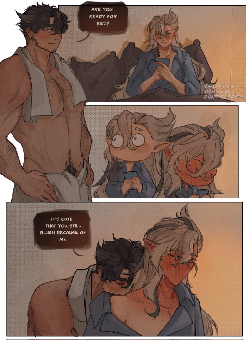 2boys, arm_hair, asymmetrical_bangs, beard_stubble, black_hair, blue_shirt, blush, cellphone, chest_hair, closed_eyes, collared_shirt, commentary, couple, earrings, english_commentary, english_text, facial_hair, full-face_blush, genshin_impact, grey_hair, highres, holding, holding_phone, hug, hug_from_behind, indoors, jewelry, looking_at_another, male_focus, male_pubic_hair, mature_male, multicolored_hair, multiple_boys, naked_towel, neuvillette_(genshin_impact), no_mouth, on_bed, pectorals, phone, pillow, pubic_hair, pubic_hair_peek, rokotprints, shirt, short_hair, single_bare_shoulder, sitting, smartphone, speech_bubble, streaked_hair, stubble, towel, towel_around_neck, towel_around_waist, twitter_username, wriothesley_(genshin_impact), yaoi