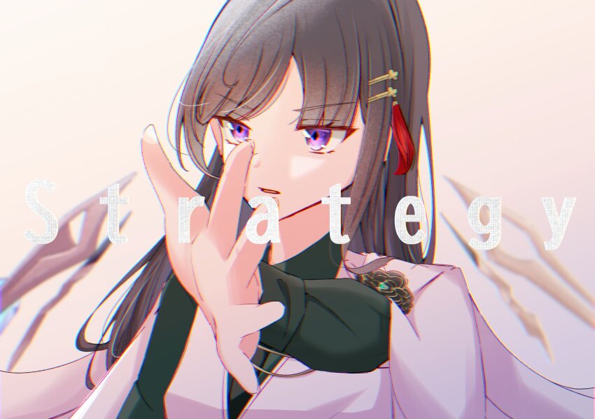 1girl, black_hair, commentary_request, english_text, flower_pin, formal_clothes, heaven_burns_red, highres