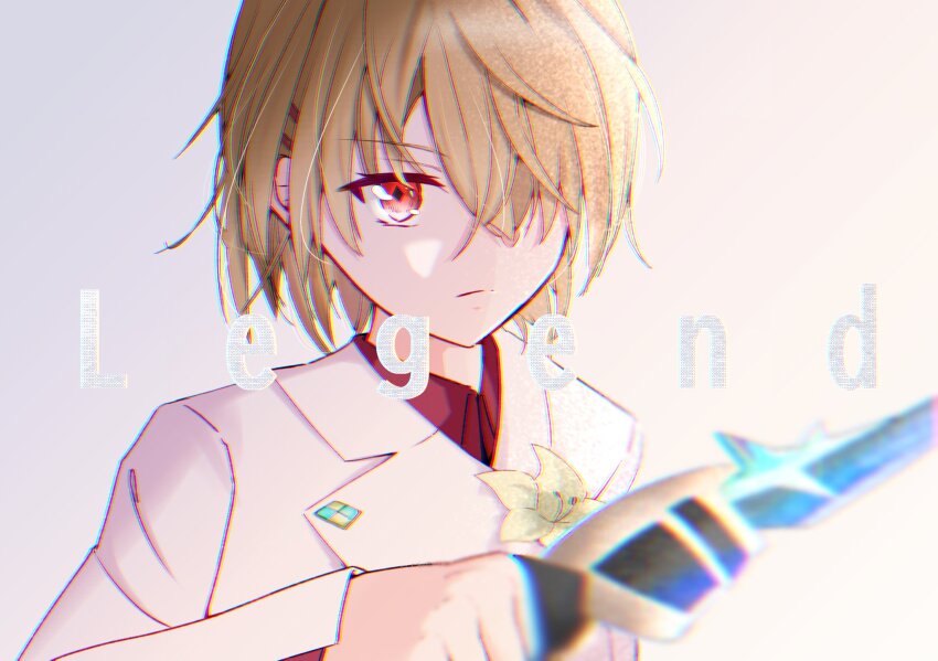 1girl, brown_hair, commentary_request, english_text, flower_pin, formal_clothes, hair_over_one_eye, heaven_burns_red