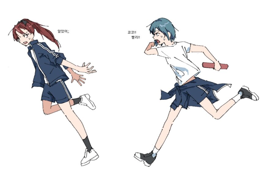2girls, black_bow, black_eyes, black_shoes, black_socks, blue_hair, blue_hoodie, blue_shorts