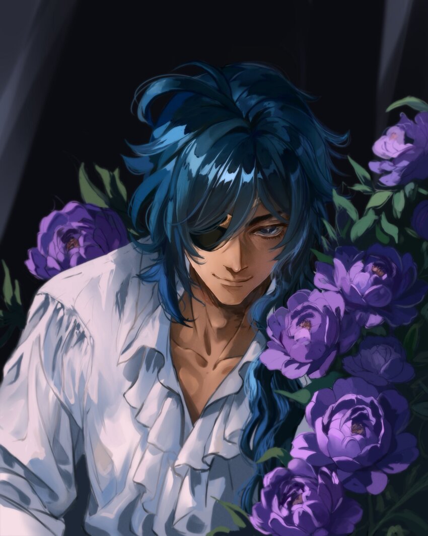 1boy, blue_hair, closed_mouth, commentary, dark-skinned_male, dark_skin, english_commentary, eyepatch, flower, flower_request, genshin_impact, highres, kaeya_(genshin_impact), long_hair, looking_at_viewer, male_focus, purple_flower, saraarten, shirt, smile, solo, upper_body, white_shirt