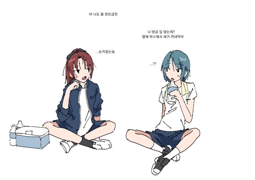 2girls, black_bow, black_eyes, black_shoes, black_socks, blue_hair, blue_hoodie, blue_shorts