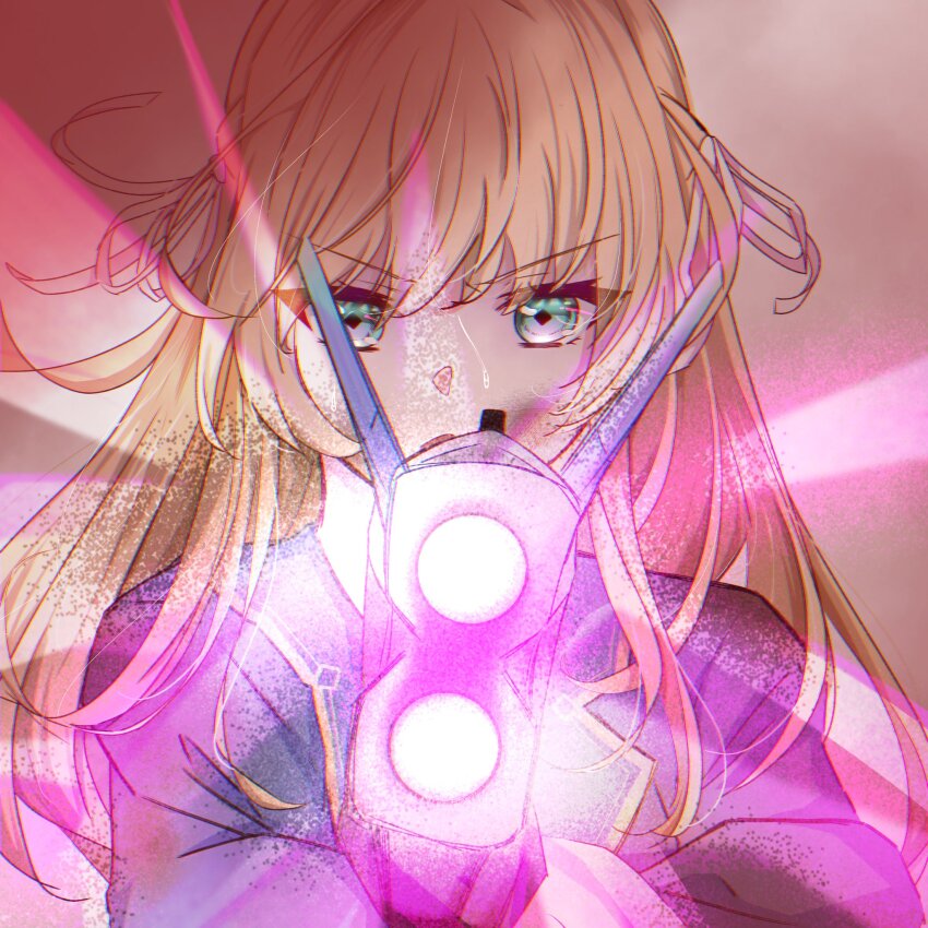 1girl, aiming, blonde_hair, blue_eyes, commentary_request, gun, hair_ribbon, heaven_burns_red