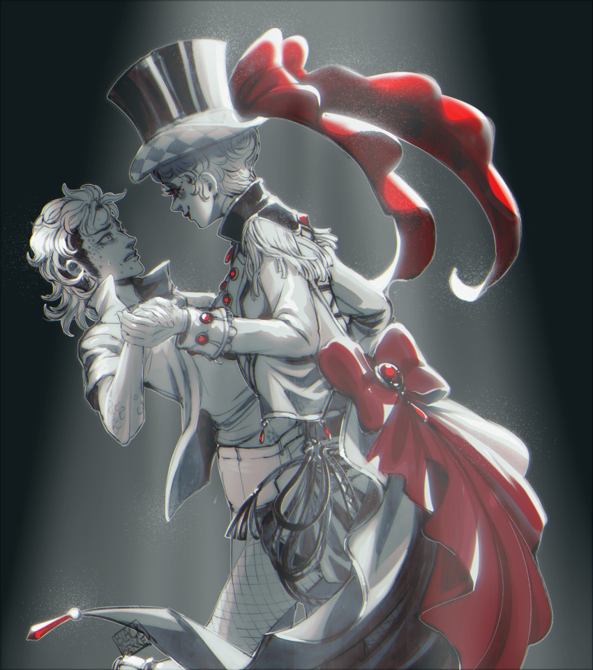 1boy, 1girl, absurdres, beaded_eyelashes, blackberreh-art, bow, commentary, dancing