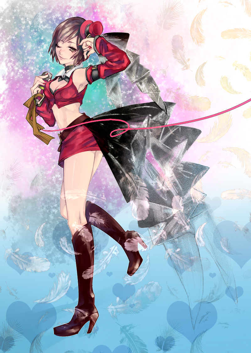 1girl, boots, bow, bowtie, brown_hair, choker, detached_sleeves, feathers