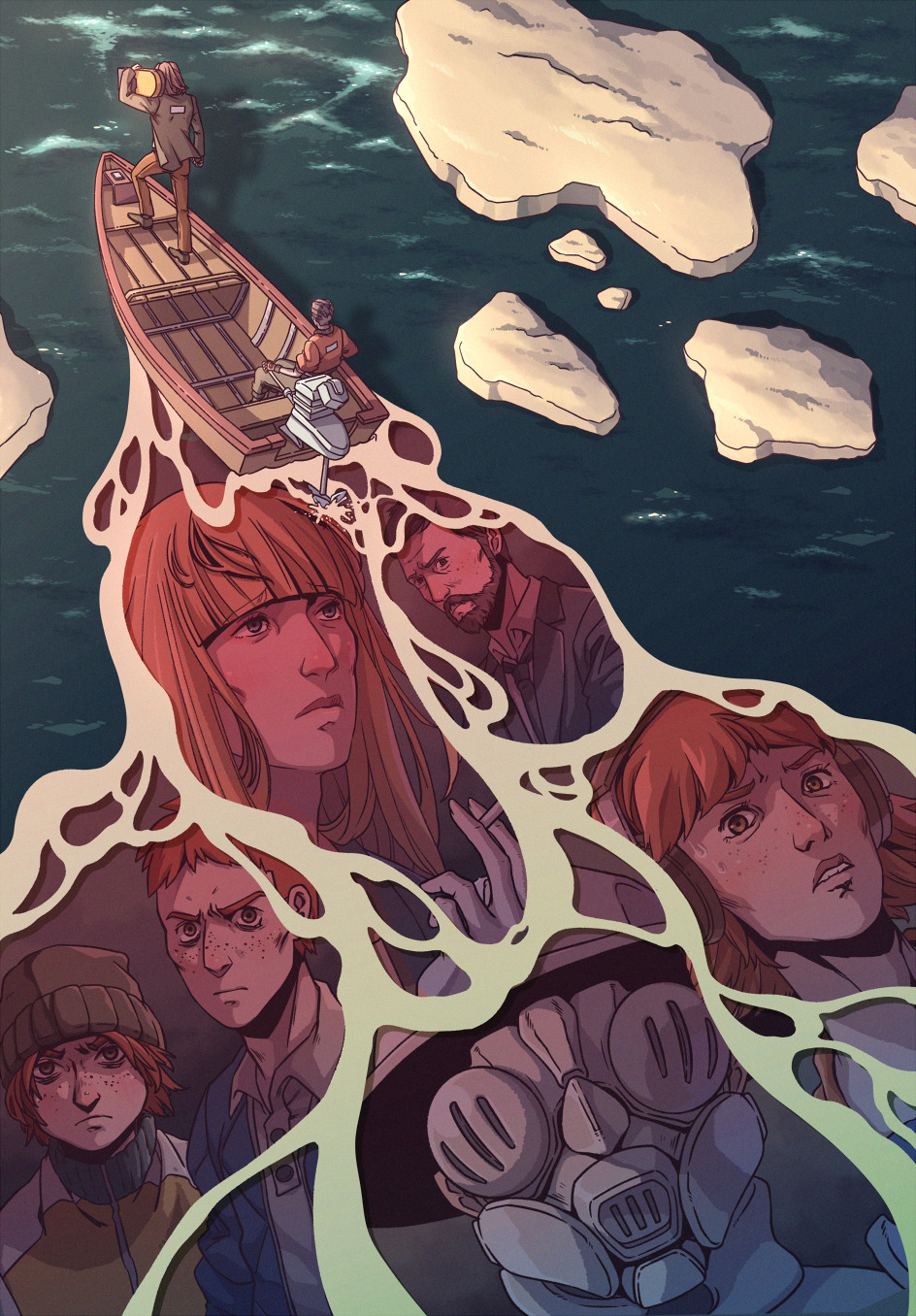 1other, 3girls, 5boys, acele_berger, ambiguous_gender, armor, beanie, beard