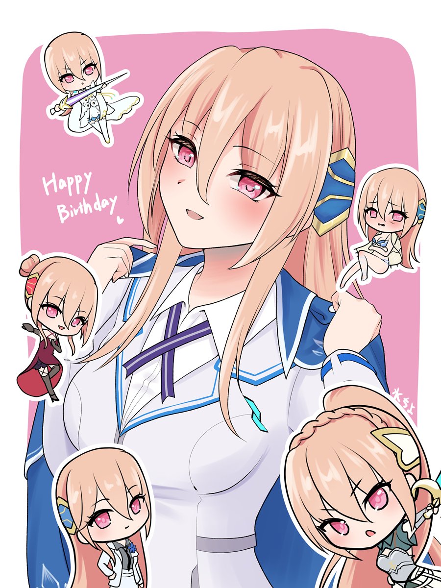 1girl, blonde_hair, capelet, chibi, chiyo_minase, commentary_request, happy_birthday, heaven_burns_red