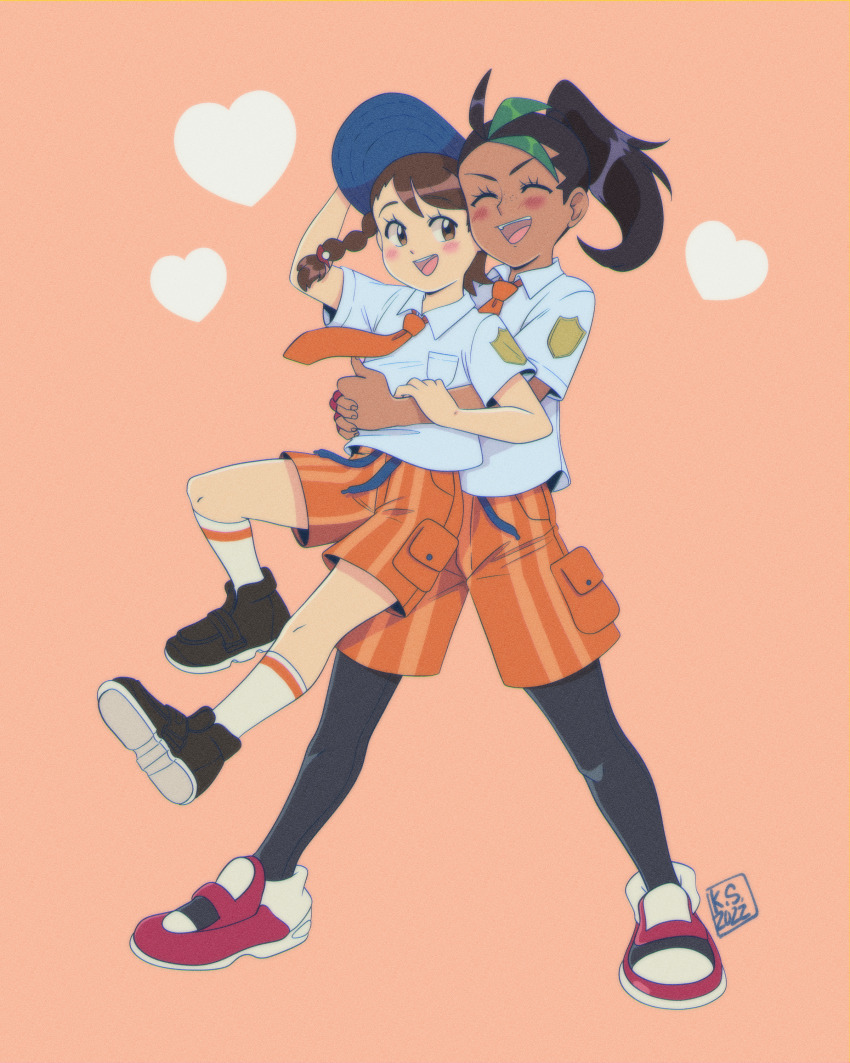 2girls, absurdres, blush, braid, collared_shirt, commentary, dark-skinned_female, dark_skin, english_commentary, faux_retro_artstyle, heart, height_difference, highres, hug, juliana_(pokemon), kaguras-art, multiple_girls, naranja_academy_school_uniform, necktie, nemona_(pokemon), nintendo, orange_background, orange_pants, pants, pokemon, pokemon_(creature), pokemon_scarlet_and_violet, school_uniform, shirt, shorts, single_braid, striped_clothes, striped_shorts, vertical-striped_clothes, vertical-striped_shorts, white_shirt, yuri