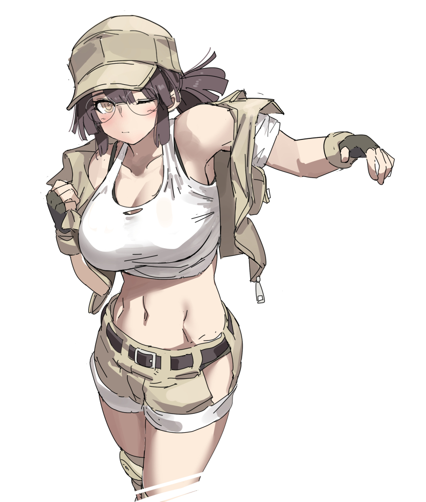 1girl, baseball_cap, belt, breasts, brown_eyes, brown_hair, brown_hat, brown_shorts