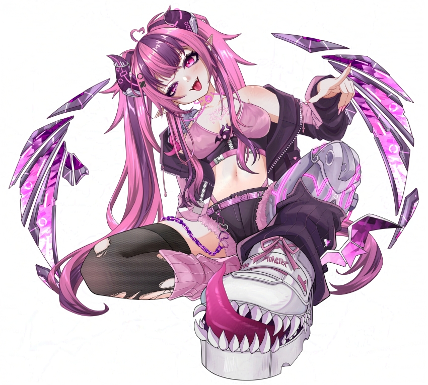 1girl, belt, black_jacket, black_shorts, black_thighhighs, bra, breasts, cleavage