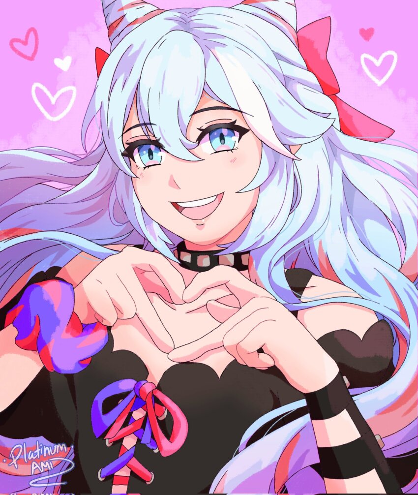 1boy, :d, androgynous, bare_shoulders, blue_eyes, blue_hair, collarbone, commentary