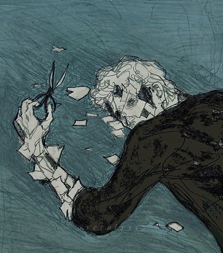 1boy, broken_skin, highres, holding, holding_scissors, lying, male_focus, on_ground, on_stomach, original, paper, peeling_skin, revol4357, scissors, self-harm, short_hair, solo, surreal, symbolism, upper_body