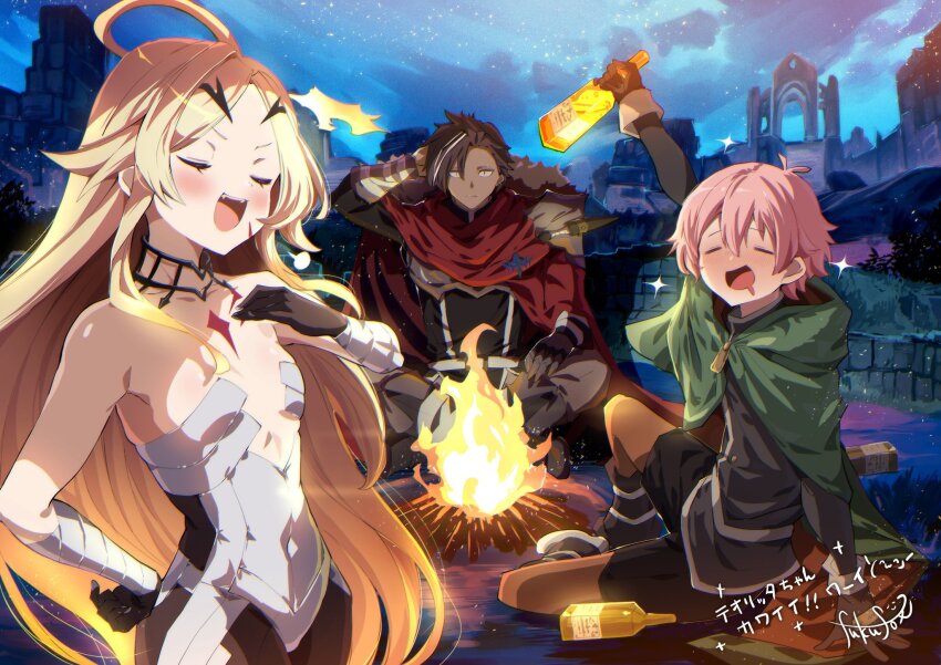 1girl, 2boys, alcohol, blonde_hair, blush, bodysuit, breasts, brown_hair, campfire, cloak, closed_eyes, collarbone, commentary, covered_navel, dagger, drinking, drunk, english_commentary, fang, forbartz_xylo, fuku_kitsune_(fuku_fox), gauntlets, gloves, highres, knife, long_hair, luzulas_dotta, multiple_boys, multiple_girls, official_art, open_mouth, petite, pink_hair, red_cloak, ruins, scarf, short_hair, sitting, small_breasts, smug, teoritta, very_long_hair, weapon, yuushakei_ni_shosu, zipper_pull_tab