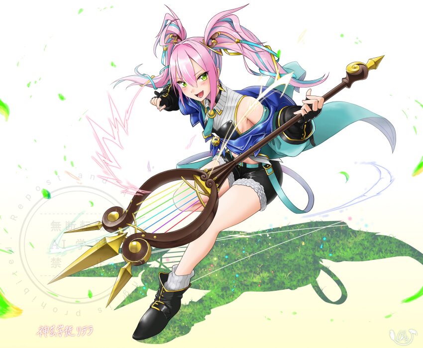 1girl, artmage_litera, bare_shoulders, black_boots, black_shoes, blue_jacket, boots, breasts