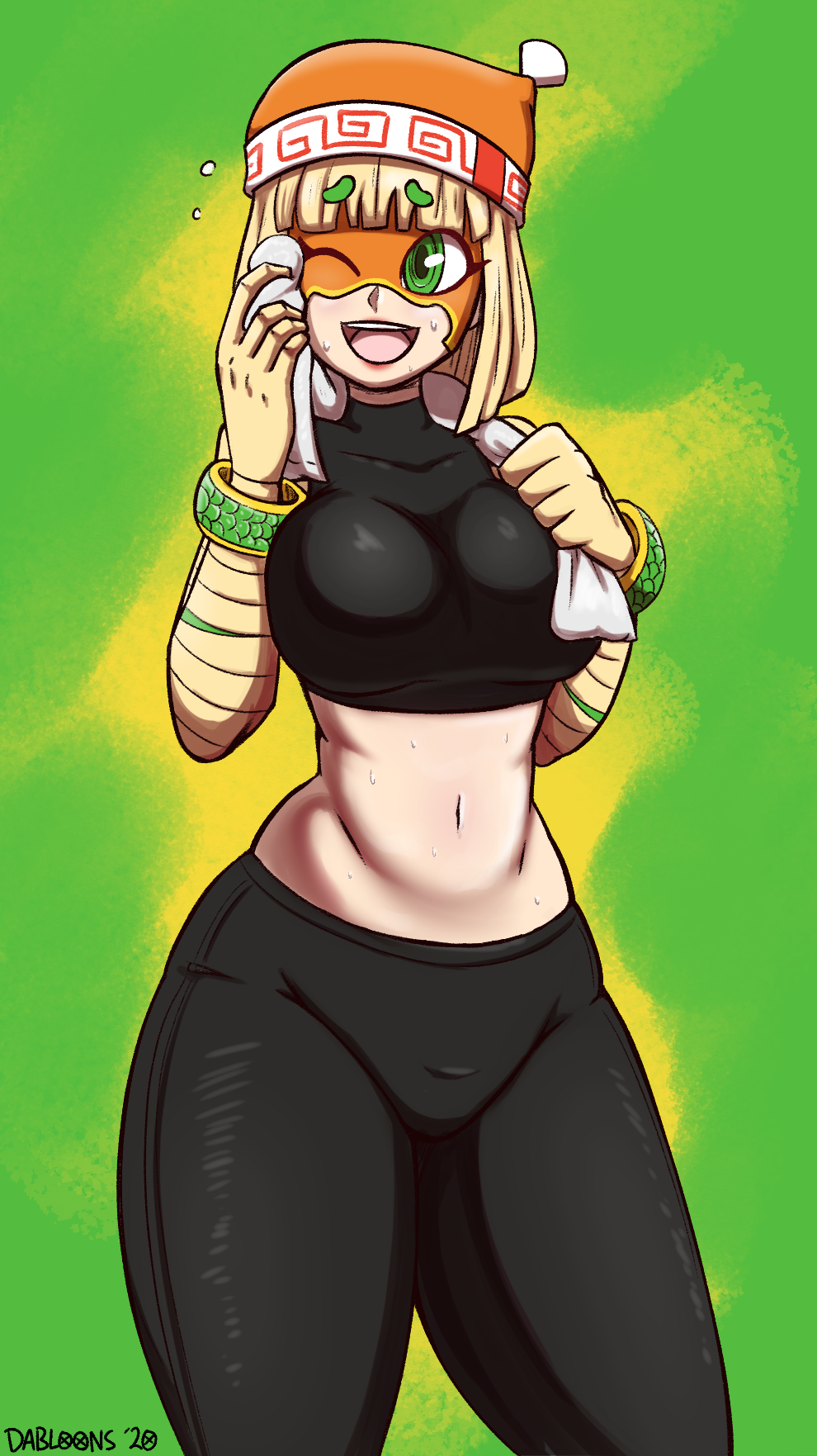 1girl, arms_(game), artist_name, beanie, blonde_hair, bob_cut, bracelet, breasts