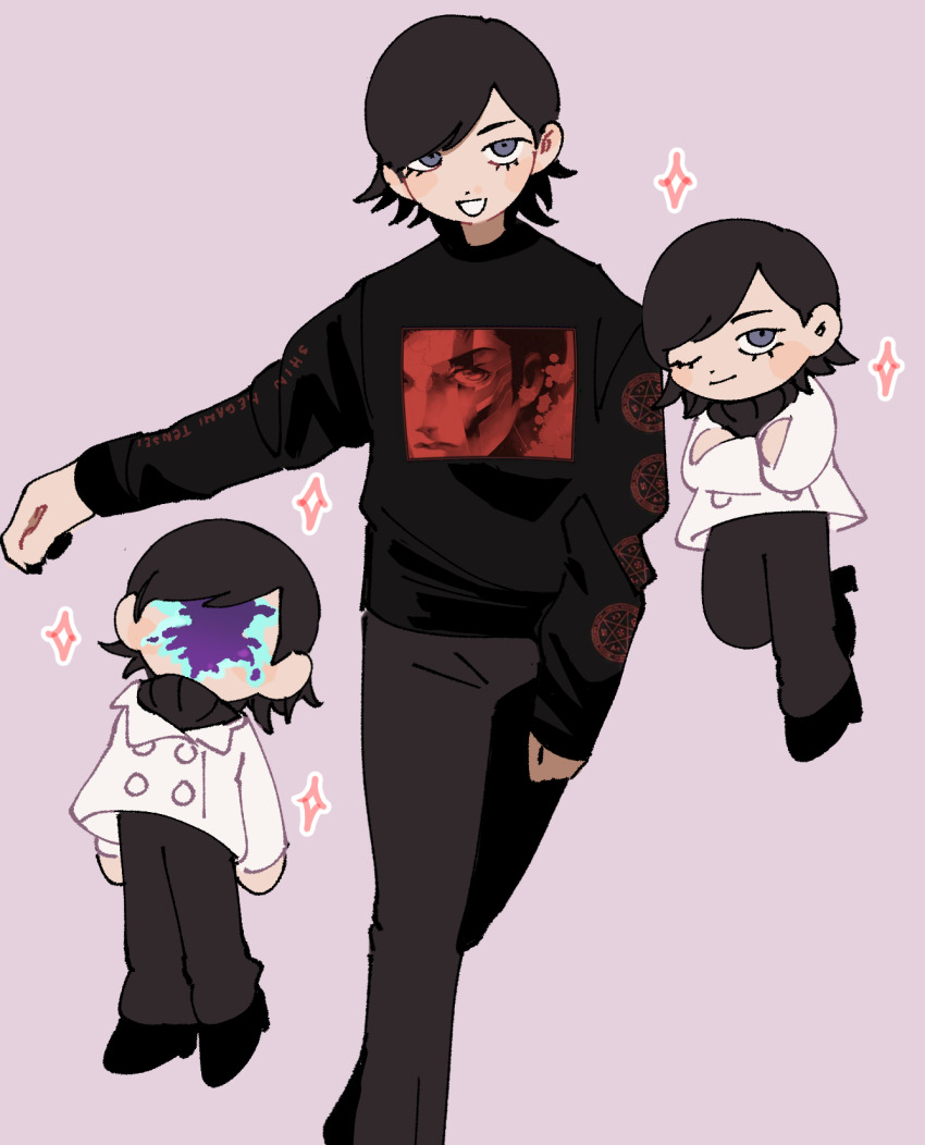 1girl, aradia_(megami_tensei), black_hair, black_pants, black_sweater, chaie, chibi, commentary