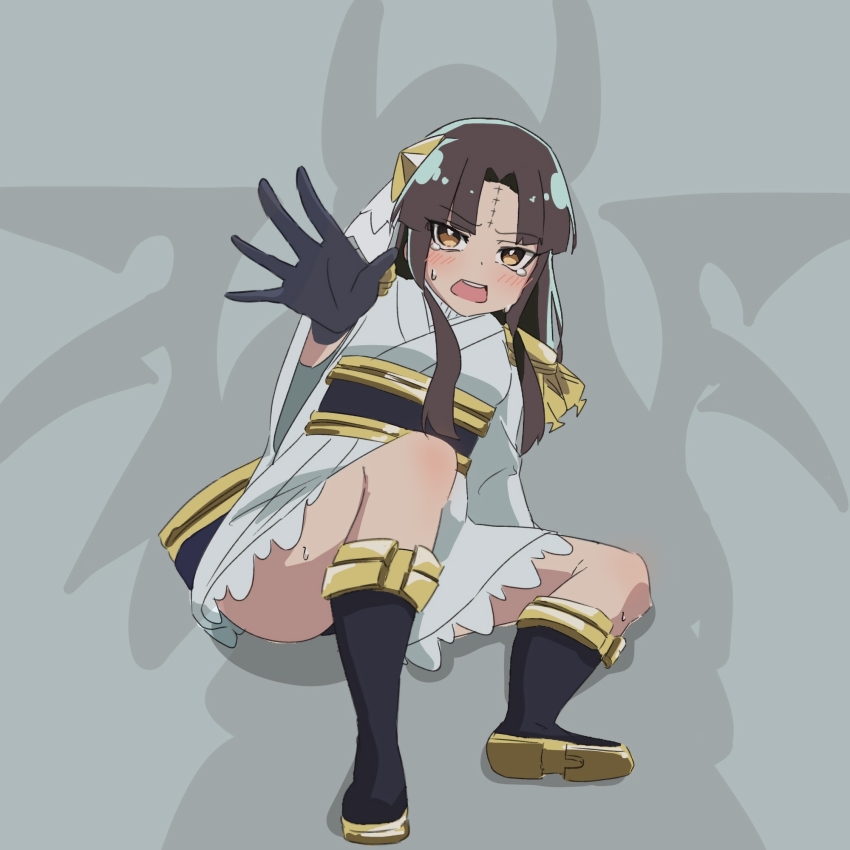 1girl, arm_support, black_boots, black_gloves, black_panties, blush, boots, brown_hair