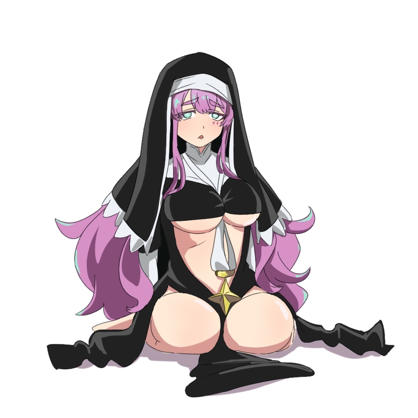 1girl, aqua_eyes, arms_at_sides, bare_legs, black_dress, black_veil, breasts, chestnut_mouth