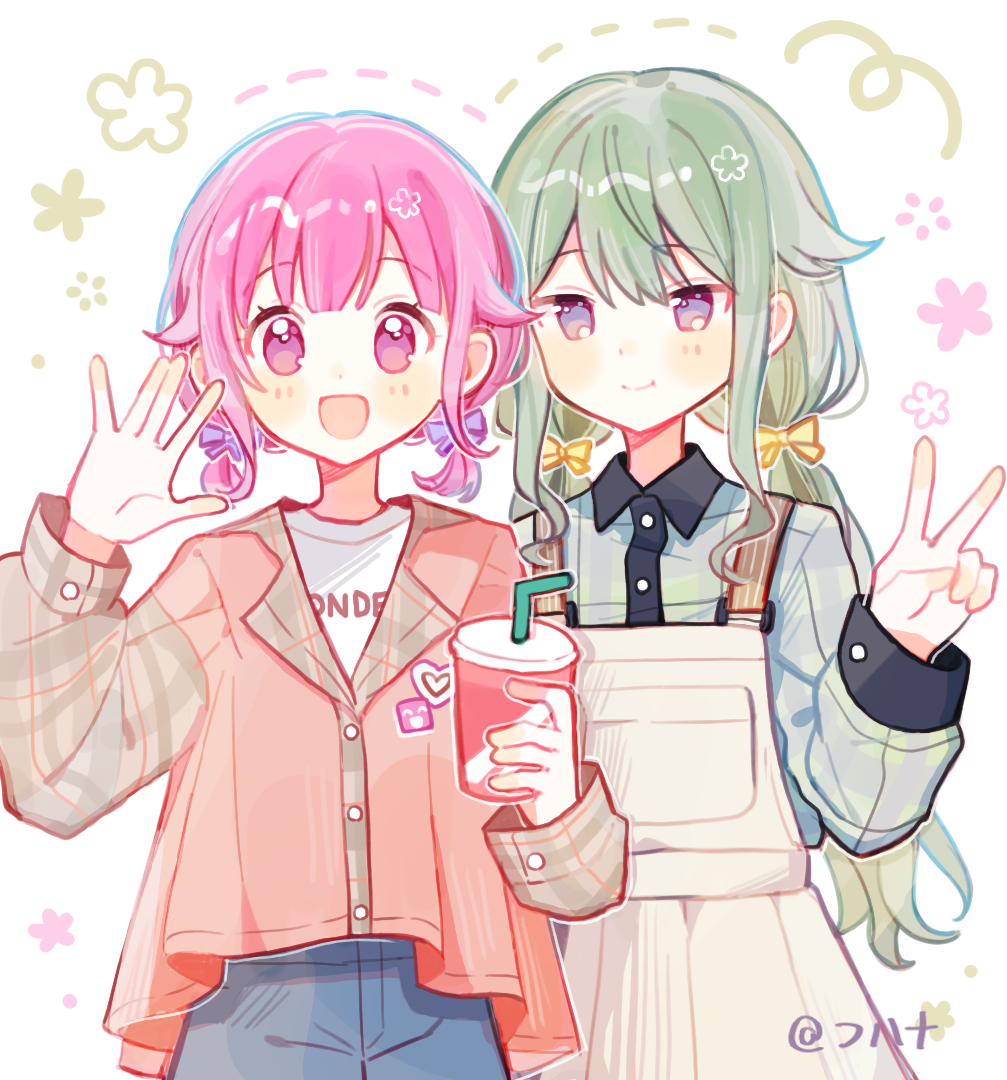 2girls, :d, \||/, blue_pants, blush, bow, buttons, cardigan