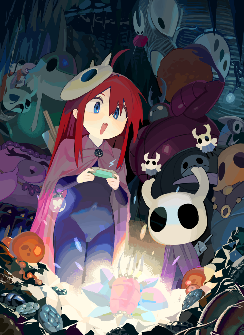 bardoon_(hollow_knight), blue_eyes, boon_(hollow_knight), character_request, check_character, cloak, cloth_(hollow_knight), commentary, cornifer, dung_defender_(hollow_knight), english_commentary, highres, hipa_(some1else45), hollow_eyes, hollow_knight, hollow_knight:_silksong, hornet_(hollow_knight), knight_(hollow_knight), long_hair, mask, nail_(hollow_knight), original, quirrel, red_hair, salubra_(hollow_knight), some1else45, the_last_stag, zote