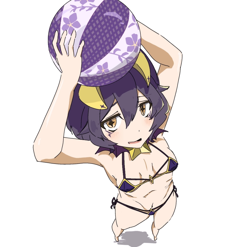 +_+, 1girl, arms_up, ball, beachball, bikini, blush, breasts, curled_horns, embarrassed, female_focus, from_above, full_body, hiiragi_utena, holding, holding_ball, horns, looking_at_viewer, looking_up, magia_baiser, mahou_shoujo_ni_akogarete, medium_hair, multicolored_bikini, navel, nervous, nervous_smile, one_(pixiv92832278), petite, purple_bikini, purple_hair, ribs, side-tie_bikini_bottom, simple_background, small_breasts, smile, solo, standing, swimsuit, two-tone_bikini, upturned_eyes, white_background, yellow_bikini, yellow_eyes, yellow_horns