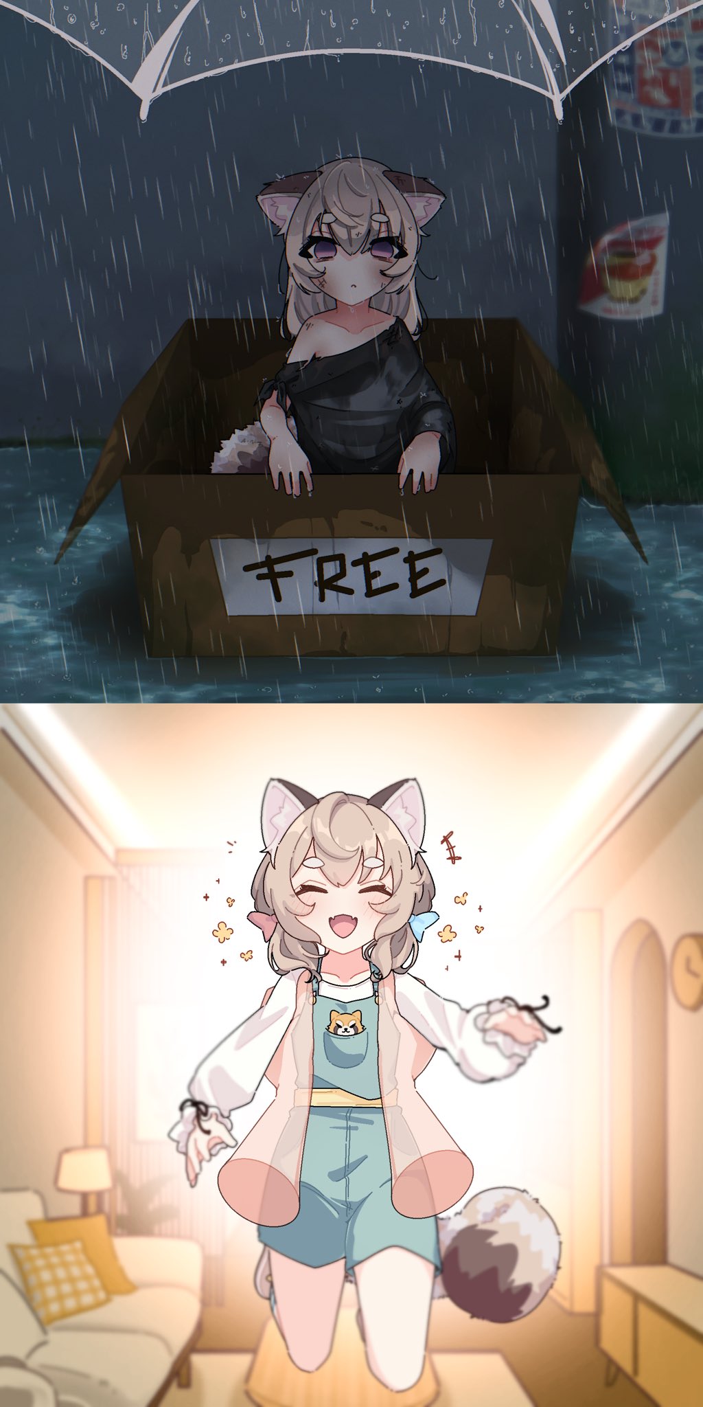 +++, 1girl, abandoned, animal_ear_fluff, animal_ears, before_and_after, black_shirt, blank_eyes