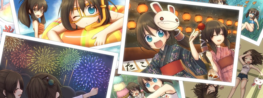 2girls, :d, blue_eyes, brown_hair, candy_apple, festival, fireworks, fish